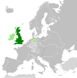 Vendodhja e Britanisë së Madhe më 1789 në gjelbërt të errët; Irlanda, Ishujt e Kanalit, Ishulli i Manit dhe Hanoveri në gjelbërt të hapur