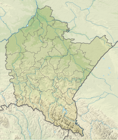 Mapa konturowa województwa podkarpackiego, blisko centrum u góry znajduje się punkt z opisem „ujście”