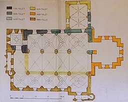 Planritning med kyrkans daterade byggnadsdelar