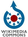 Central filled red circle, surrounded by a blue circular outline with a gap an an arrow leading up, plus seven smaller arrows pointing inward to the red circle. Below are the words "WIKIMEDIA COMMONS".