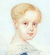 Oil portrait of the Prince Imperial as a blond-haired child in a white frock with lace at the neck and official blue sash