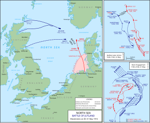 The British fleet sailed from northern Britain to the east while the Germans sailed from Germany in the south; the opposing fleets met off the Danish coast