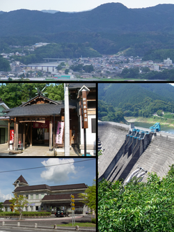 Clockwise from top: View of Central Satsuma Town from Tsuruta area, Tsuruta Dam, Miyanojyo Railroad Museum, Shibi Public Spa