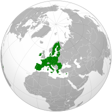 An orthographic projection of the world, highlighting the European Union and its Member States (green).