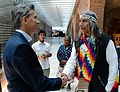 Félix Díaz, a Qom leader, meets with Argentina President, Mauricio Macri wearing traditional dress