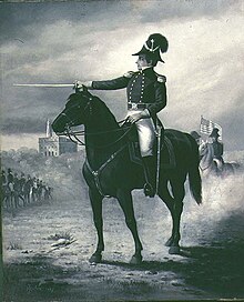 Joseph Smith sits on a black horse. Smith is in military uniform and holds a sword outstretched. He faces a line of men on horses, an American flag and the Nauvoo Temple are in the background