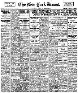 Une du New York Times du 29 juillet 1914, annonçant la déclaration de guerre de l'Autriche-Hongrie contre la Serbie.
