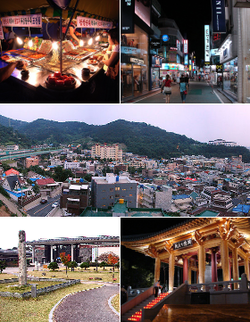 Dari kiri atas: Pojangmacha di Pasar Malam Gwangju, Jalanan Gwangju, Cityscape Gwangju, Museum Rakyat Gwangju, dan Lonceng Demokrasi