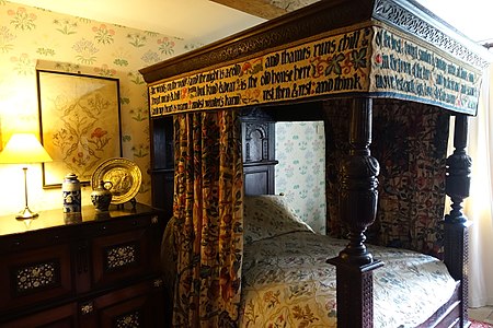 Bedroom at Kelmscott Manor with wallpaper, bed covering and curtains by May Morris and Jane Morris (1891–95)