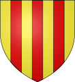 Blason avec des bandes verticales alternées, 4 bandes jaunes et 3 bandes rouges.