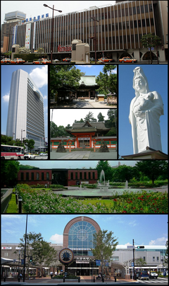 From the upper left: Nishitetsu Kurume Station, city hall, Suitengu shrine, Kora-taisha shrine, Narita-san temple Ishibashi bunka center, JR Kurume Station