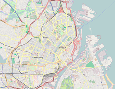 Mapa konturowa Kopenhagi, blisko centrum na dole znajduje się punkt z opisem „Christiansborg”