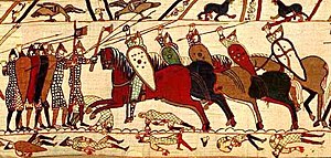 Detail of the Bayeux tapestry showing Norman armour and weaponry