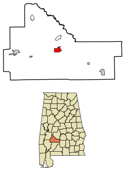 Location of Camden in Wilcox County, Alabama.