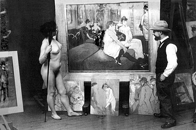 Toulouse-Lautrec med en nakenmodell i studioet, foto av Maurice Guibert, ca. 1895