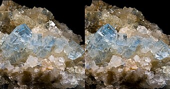 Image stéréoscopique : fluorine et quartz, Le Beix, Puy-de-Dôme, France.