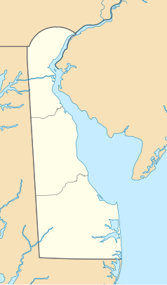 Mapa konturowa Delaware, u góry znajduje się punkt z opisem „Claymont”