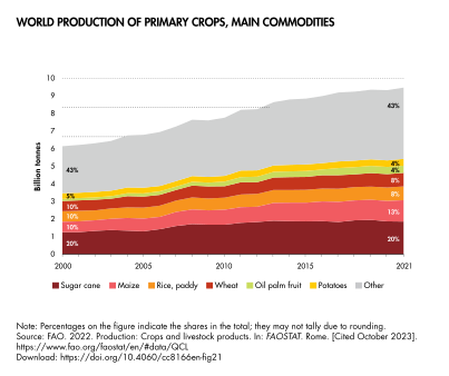 Maize (pink strip) is the second most widely produced primary crop, after sugarcane, and the first among grain crops.[82]