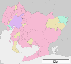 Mapa konturowa Aichi, u góry po lewej znajduje się punkt z opisem „Komaki”