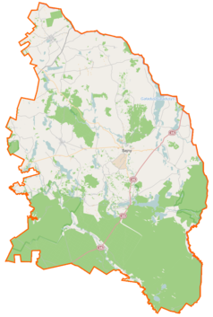 Mapa konturowa powiatu sejneńskiego, w centrum znajduje się punkt z opisem „Sejny”