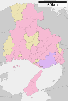 Mapa konturowa prefektury Hyōgo, po lewej znajduje się punkt z opisem „Sayō”