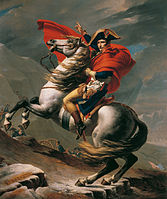 Napoleon traversând Alpii, versiune romantică de Jacques-Louis David (1805)