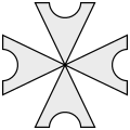 Tárcsázott talpas kereszt (en: cross pattée notched rounded, cross patée with one engrail, cross pattée in each end a small semicircle)