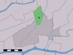 The town centre (dark green) and the statistical district (light green) of Noordeloos in the municipality of Giessenlanden.