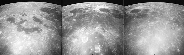 These are three views of Mare Marginis, taken by the mapping camera of the Apollo 17 mission in 1972, facing north-northeast from an average altitude of 124 km. At the right is the east side of Mare Marginis, with the craters Jansky, Jansky F, and the elongated Jansky D in the foreground, and the eastern mare is in the upper left. The center photo shows the central mare with the prominent crater Goddard surrounded by light materials, the crater Ibn Yunus immediately to its east, Goddard C to the west, half of the large crater Neper in the foreground, and the crater Hubble far to the north near the horizon. The swirls of light material in the mare, thought to be caused by magnetic fields, are visible in this photo. The left photo shows the western mare (more easily visible from Earth), with disconnected "lakes" of basalt, and the crater Cannon. These photos were taken within minutes of each other as the Command Module America orbited the Moon.