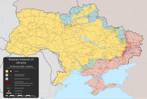 Venäläisten joukkojen ja ukrainalaisten vastahyökkäysten eteneminen Ukrainassa ja myös maahyökkäysten suuntia (24. helmikuuta 2022 –). Kartalla näkyy myös joitain maa- ja ilmapommituksia sodan ajalta.