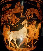 Odiseo y Diómedes robando los caballos de Rhesus, en una sítula de fuguras rojas producida en Apulia por el denominado Pintor de Licurgo (ca. 360 a. C.)
