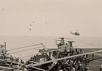 RVNAF Hueys and a CH-47 Chinook arrive at USS Midway