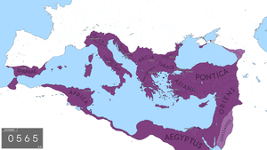 Imperiul Roman de Răsărit la apogeul întinderii teritoriale, pe vremea lui Iustinian I