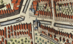 Groot Botnia met traptoren in het Stedenboek van Frederik de Wit van rond 1698. Boven in beeld het Stadhuis van Franeker.