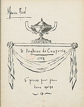 Dessin en noir et blanc, signé Ravel, d'une coupe surmontant un drapé.