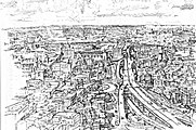 1955 drawing by Jack Frost. Haymarket Square is in the center, with the new Central Artery at right.