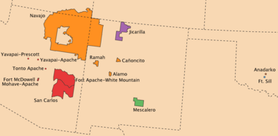 Map showing locations of Navajo and Apache reservations in Arizona and New Mexico