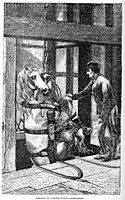 Nineteenth-century illustration of a pony being lowered down a mine shaft at Creuzot, France