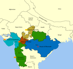 Baroda State within the Maratha Confederacy in 1761 under the Gaekwads (cyan)