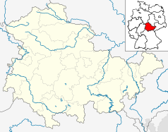 Mapa konturowa Turyngii, po lewej nieco u góry znajduje się punkt z opisem „Mühlhausen/Thüringen”