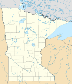 Mapa konturowa Minnesoty, blisko centrum na prawo znajduje się punkt z opisem „Duluth”