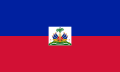 Drapeau d'Haïti divisé en deux bandes horizontales ; celle supérieure en bleue et celle inférieure en rouge. Au centre, dans un rectangle blanc, les armoiries du pays.