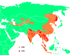 Mapa de distribuição do tigre em 1900 (em laranja) e após 1990 (em vermelho).
