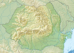 Mapa konturowa Rumunii, blisko centrum u góry znajduje się punkt z opisem „źródło”, natomiast blisko dolnej krawiędzi znajduje się punkt z opisem „ujście”