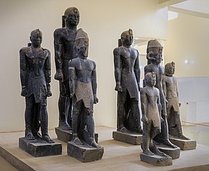 Statues of various rulers of the late 25th Dynasty–early Napatan period. From left to right: Tantamani, Taharqa (rear), Senkamanisken, again Tantamani (rear), Aspelta, Anlamani, again Senkamanisken; Kerma Museum.[2] of Twenty-fifth Dynasty of Egypt