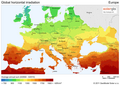 A globális horizontális napsugárzás (GHI) átl. évi mennyiségének térképe [49] Európában és a környékén