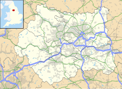 Mapa konturowa West Yorkshire, blisko centrum na prawo u góry znajduje się punkt z opisem „Leeds”