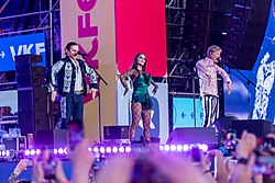 Little Big esiintymässä vuonna 2019. Vasemmalta oikealle: Ilja ”Ilich” Prusikin, Sonja Tajurskaja ja Anton ”Boo” Lissov