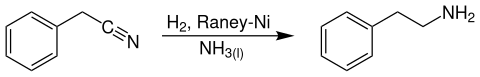 Katalytische Hydrierung von Benzylcyanid zu Phenethylamin in Gegenwart eines Raney-Nickel Katalysator in flüssigem Ammoniak