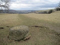Az angliai Derbyshire megyei Eyam falu 17. századi önkéntes elszigetelődésekor használt kő, ahol folyóvízzel vagy ecettel „fertőtlenített” pénzérméket hagytak a segítőknek[75]